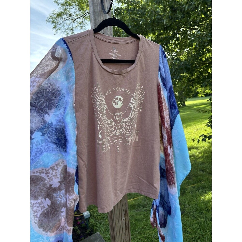 Upcycled Boho Kimono Sleeve Top  Free Spirit Graphic Tee One Size Fits Most - Picture 2 of 4